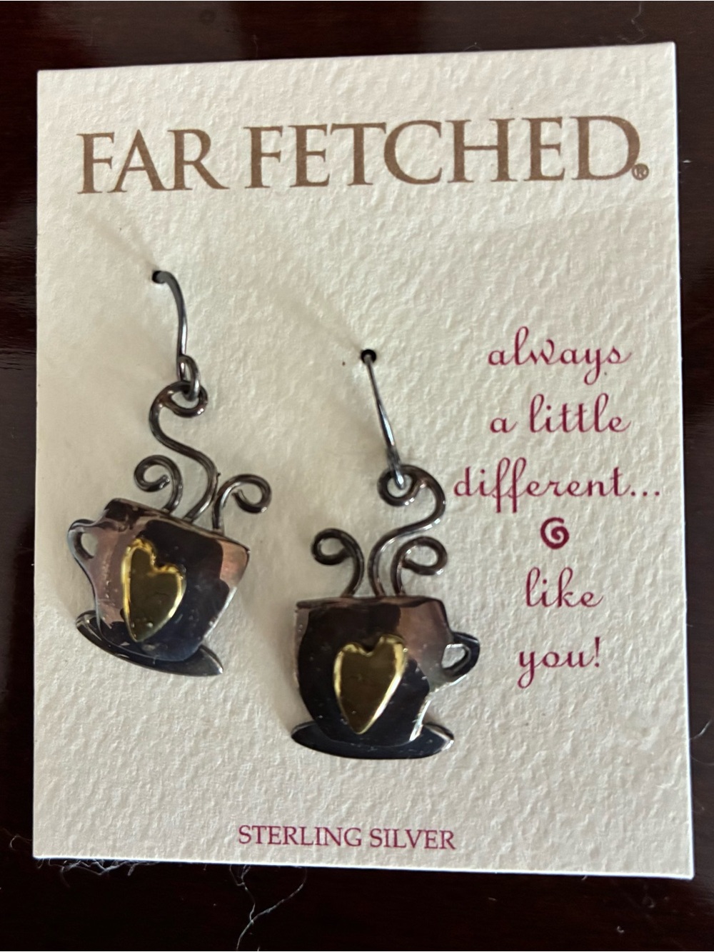 Vintage Far Fetched Sterling Silver Mixed Metal Coffee Cup Heart Earrings - NWT